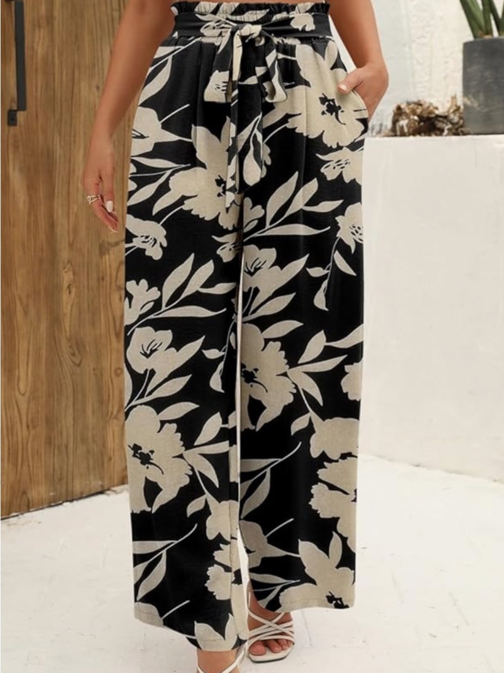 NWT! Black Wide-Leg Floral Print Pants with Tie Waist
